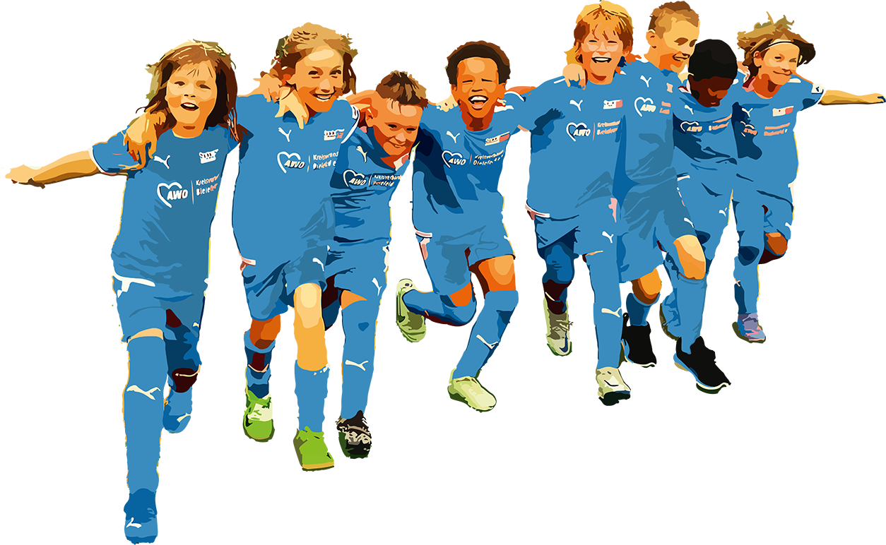 Eine Gruppe Kinder in blauen Fußballtrickots läuft in einer Reihe nebeneinander her.