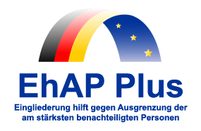 Logo des ESF-Programms EHAP-Plus, ein Regenbogen dessen linken Seite aus der Flagge der BRD und die rechte Seite aus der Flagge der EU besteht